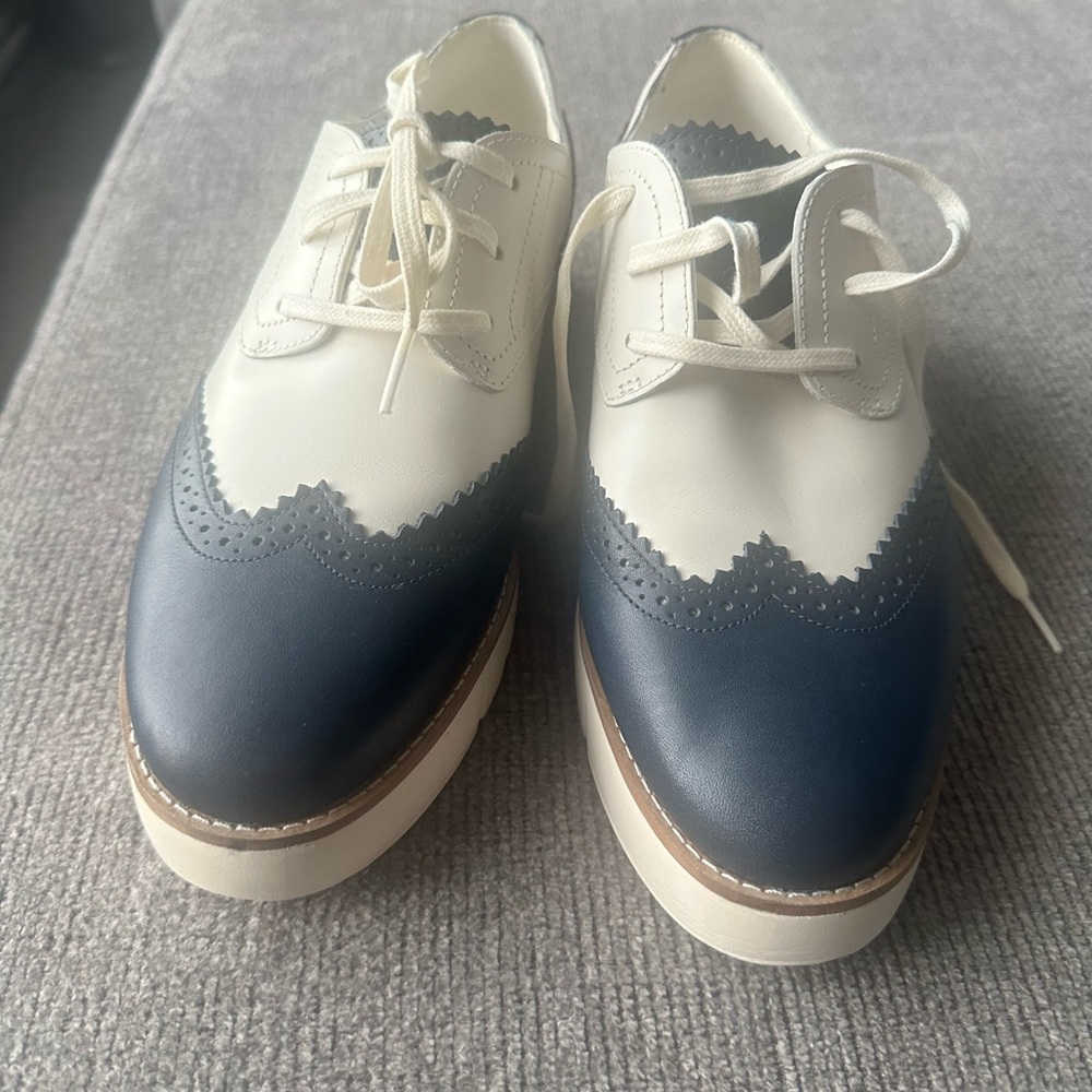 Cole Haan Navy and Cream Grand City Platform Oxfords